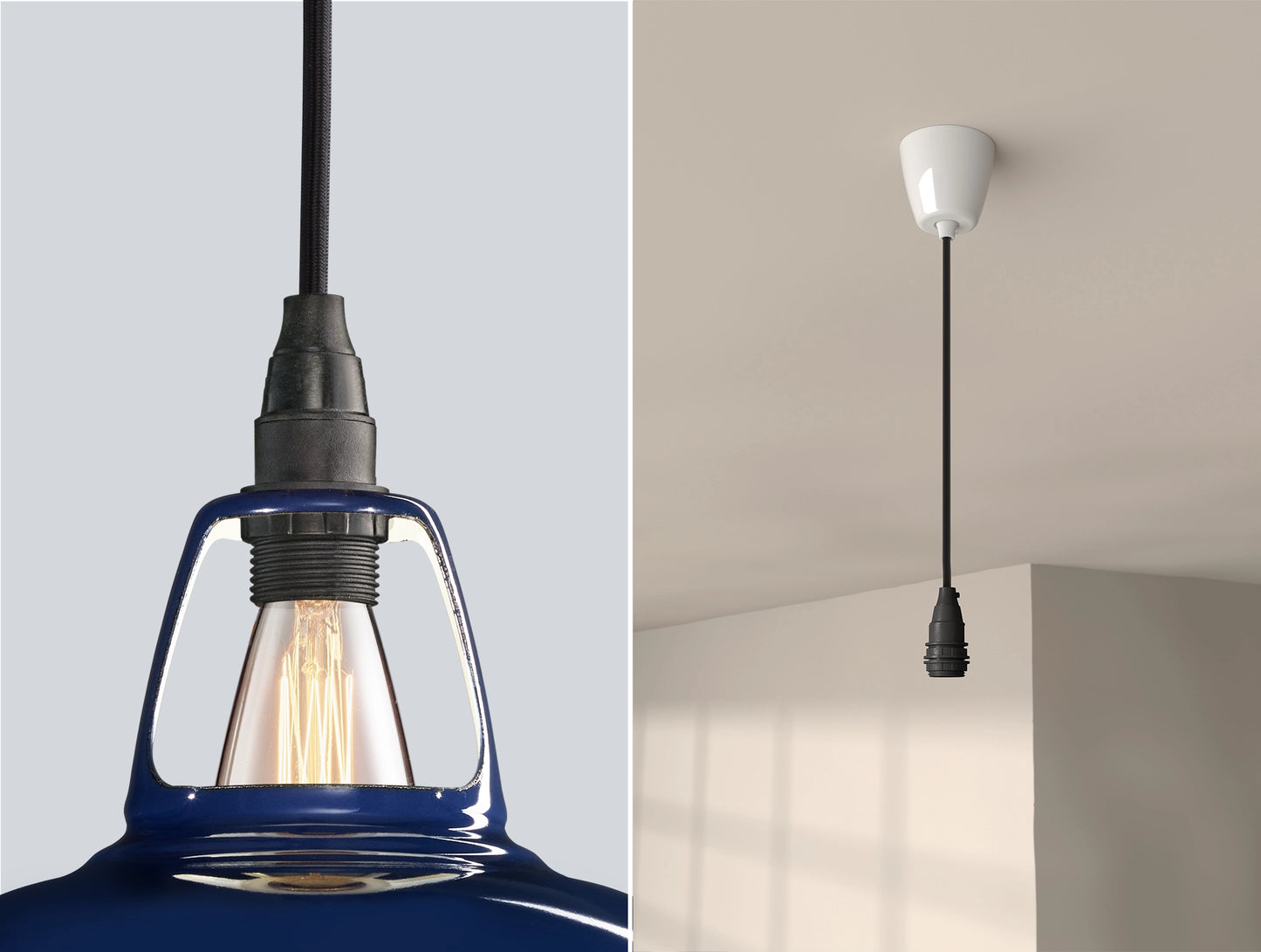 Close up of an E14 Industrial suspension set on a Royal Blue lampshade on the left. On the right, an E14 Industrial pendant set is hanging from the ceiling