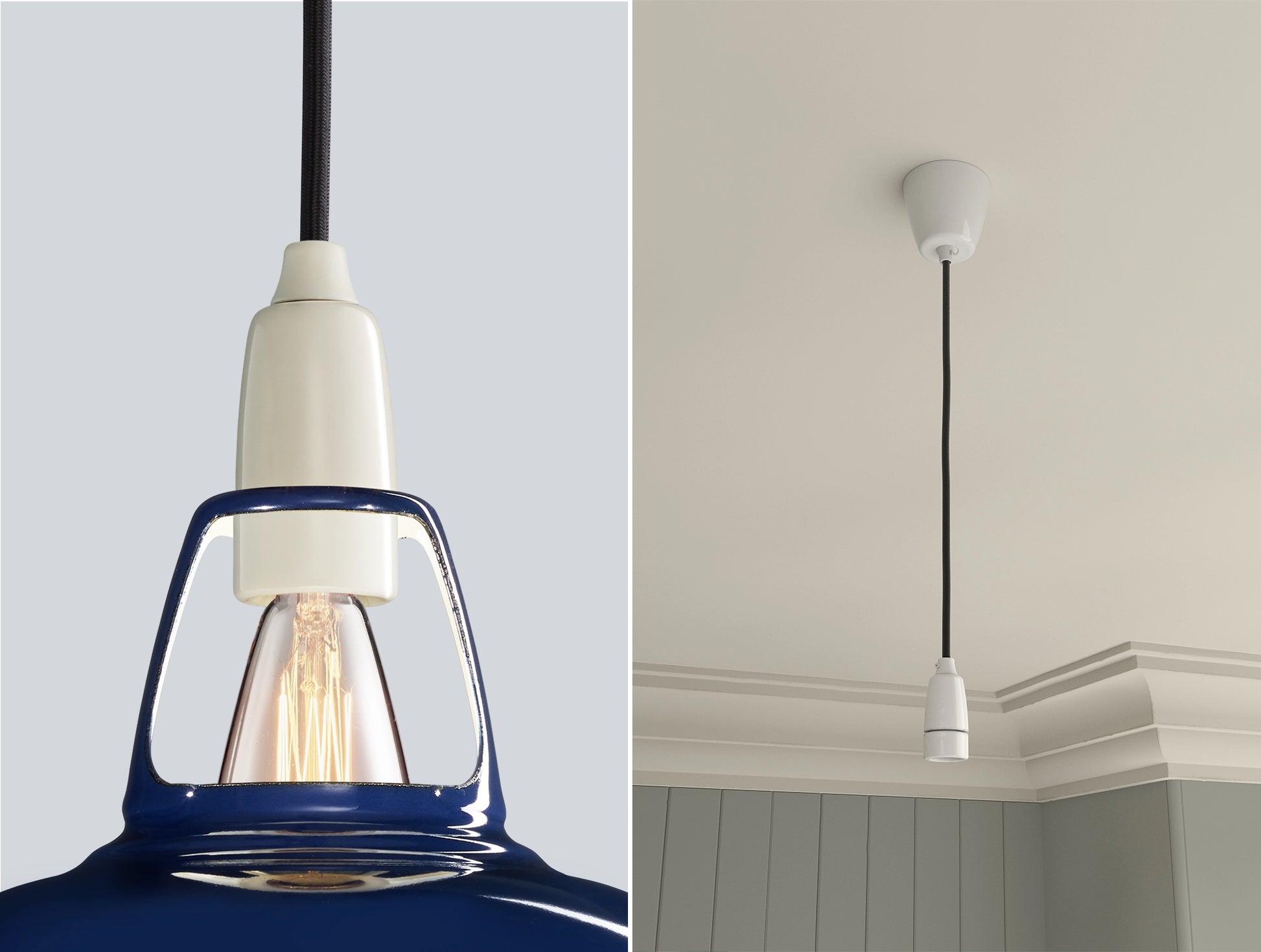 Close up of an E14 Porcelain suspension set on a Piccadilly Line Blue lampshade on the left. On the right, an E14 Porcelain pendant set is hanging from the ceiling