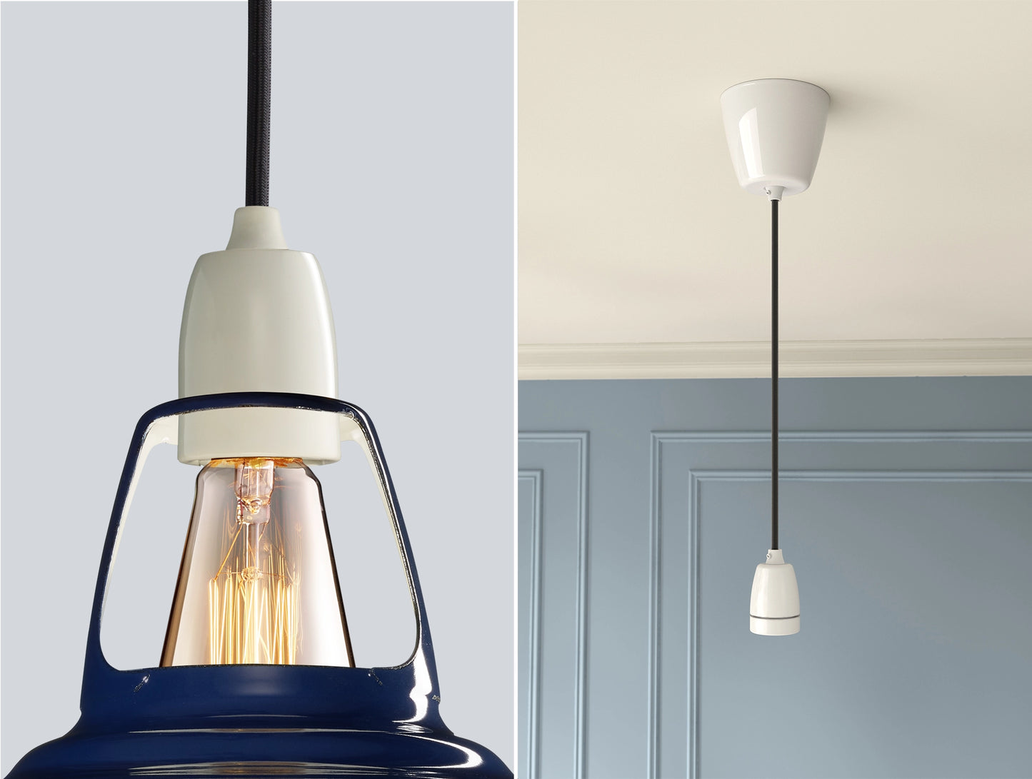 Close up of an E27 Porcelain suspension set on a Piccadilly Line Blue lampshade on the left. On the right, an E27 Porcelain pendant set is hanging from the ceiling