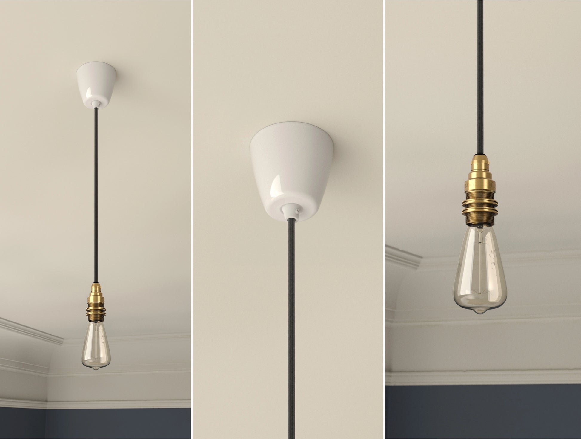An E14 Brass Coolicon pendant set with a Vitreous Enamel ceiling cup and an E14 lightbulb hanging from a Georgian-style ceiling