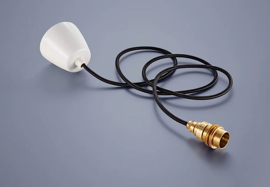 A Coolicon Signature Brass pendant set with a white Vitreous Enamel ceiling cup and black cable