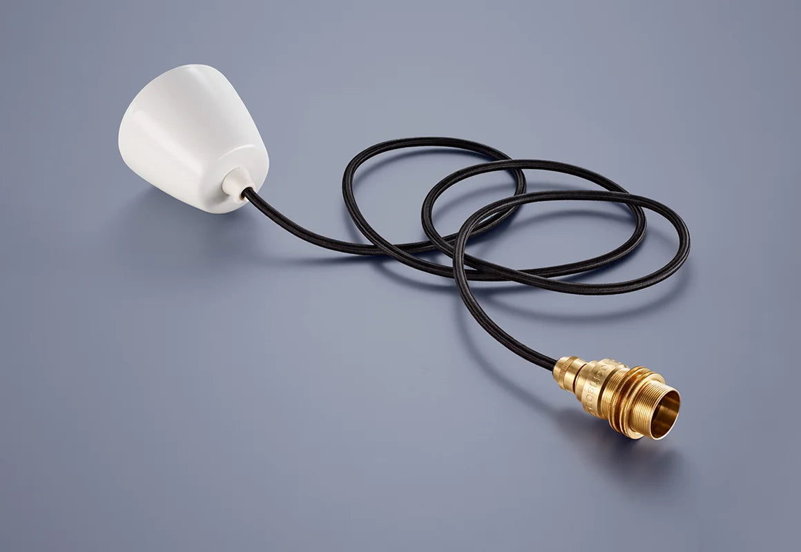 A Coolicon Signature Brass pendant set with a white Vitreous Enamel ceiling cup and black cable