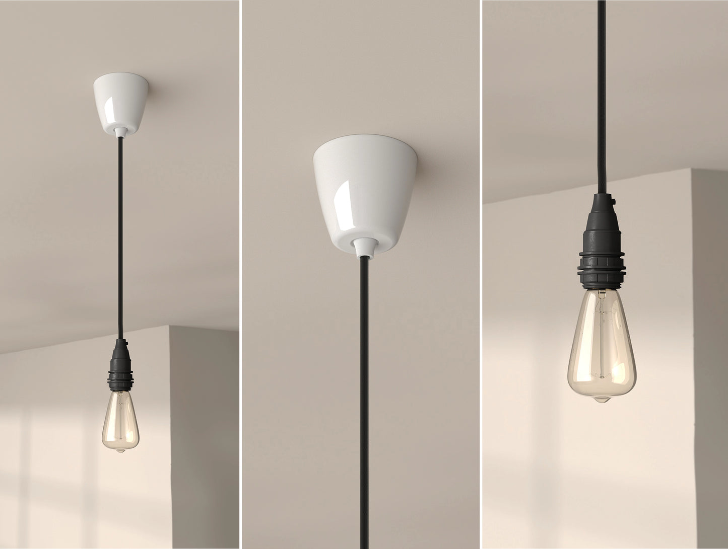 An E14 Industrial Coolicon pendant set with a Vitreous Enamel ceiling cup and an E14 lightbulb hanging from a concrete ceiling
