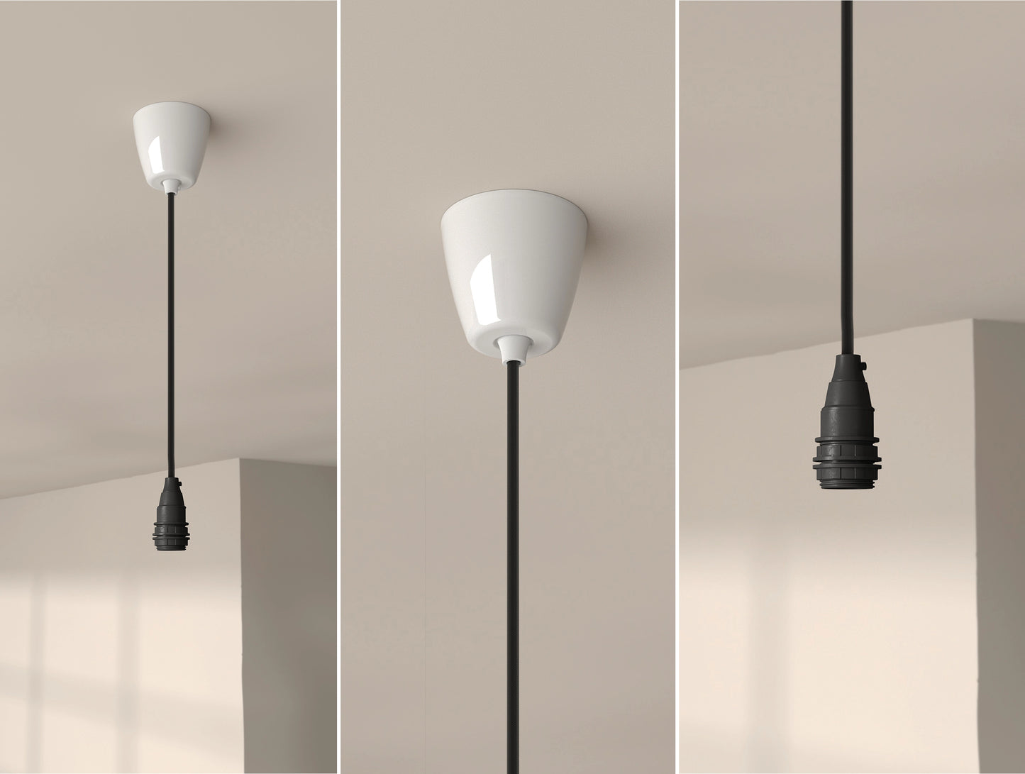 An E14 Industrial Coolicon pendant set with a Vitreous Enamel ceiling cup hanging from a concrete ceiling