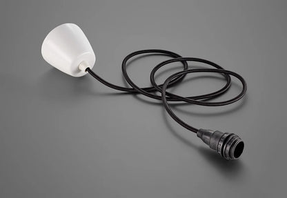 A Coolicon Industrial Bakelite pendant set with a white Vitreous Enamel ceiling cup and black cable