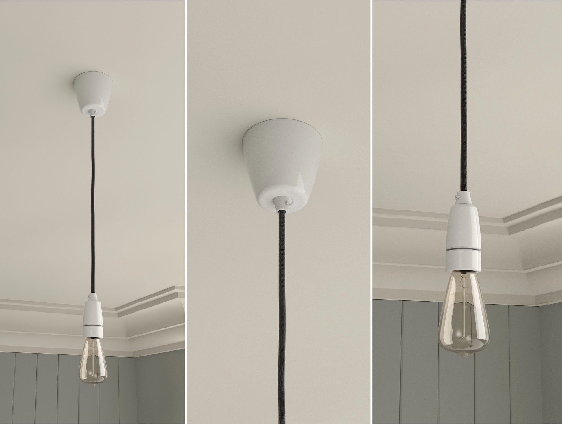 An E14 Porcelain Coolicon pendant set with a Vitreous Enamel ceiling cup and an E14 lightbulb hanging from a ceiling in front of a Georgian-style wall