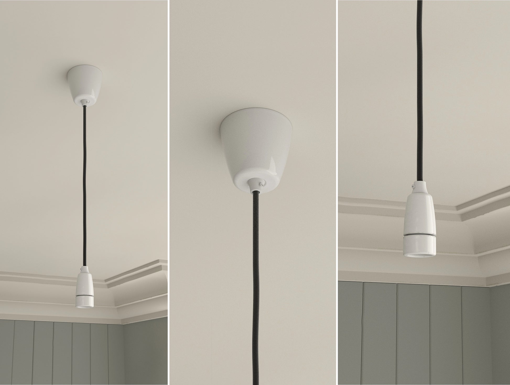 An E14 Porcelain Coolicon pendant set with a Vitreous Enamel ceiling cup hanging from a ceiling in front of a Georgian-style wall