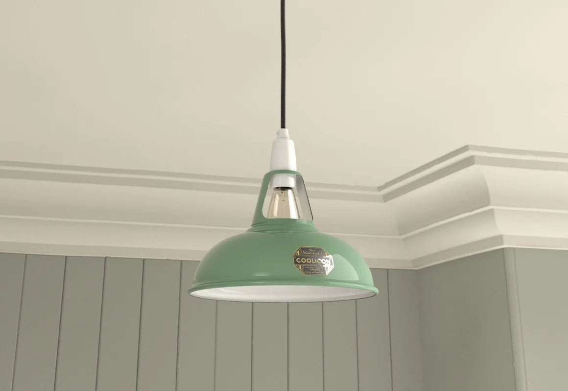 An Original Fresh Teal lampshade with a Coolicon Porcelain pendant set hanging from the ceiling