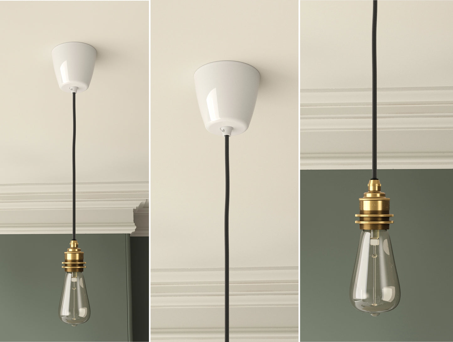 An E27 Brass Coolicon pendant set with a Vitreous Enamel ceiling cup and an E27 lightbulb hanging from a Georgian-style ceiling