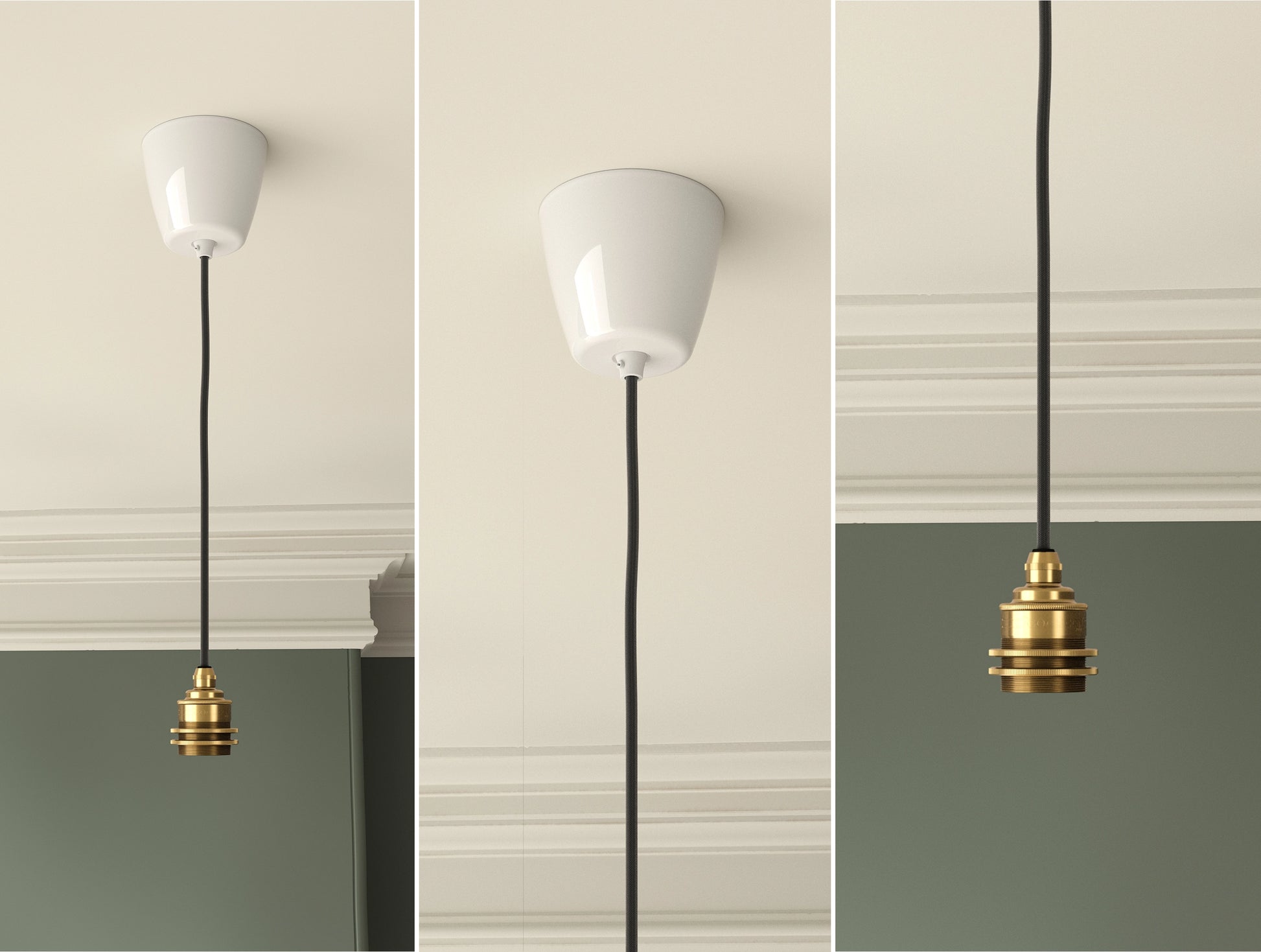 An E27 Brass Coolicon pendant set with a Vitreous Enamel ceiling cup hanging from a Georgian-style ceiling
