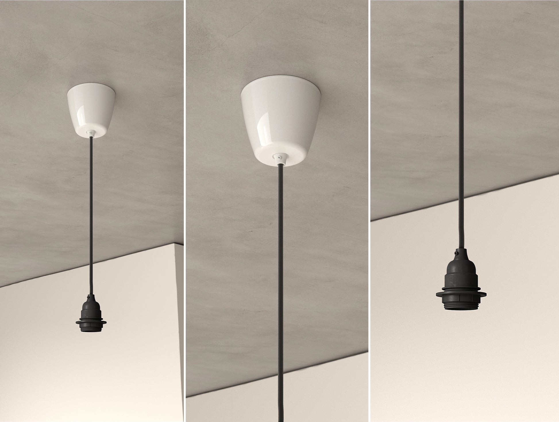 An E27 Industrial Coolicon pendant set with a Vitreous Enamel ceiling cup hanging from a concrete ceiling