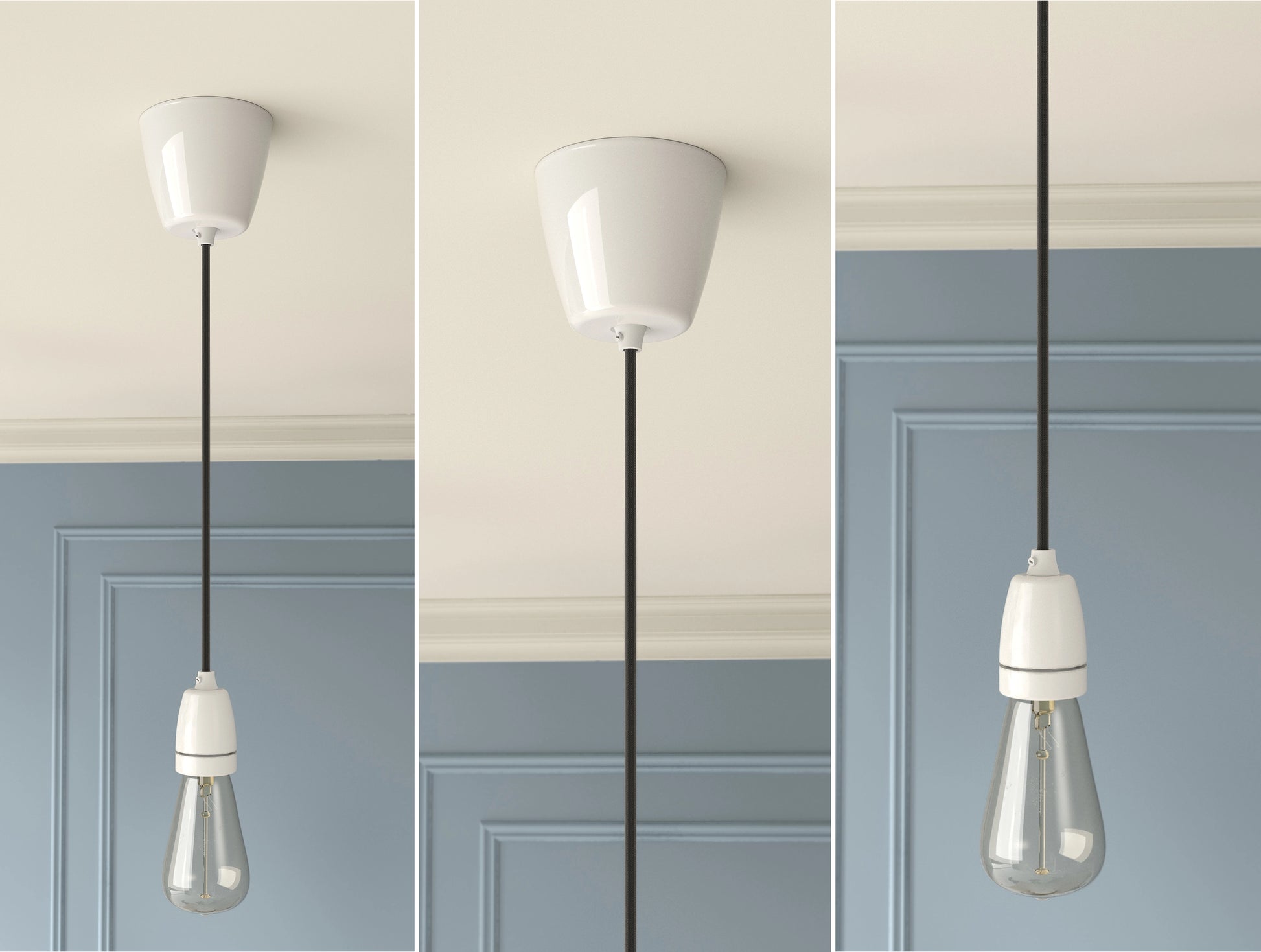 An E27 Porcelain Coolicon pendant set with a Vitreous Enamel ceiling cup and an E27 lightbulb hanging from a ceiling in front of a Georgian-style wall