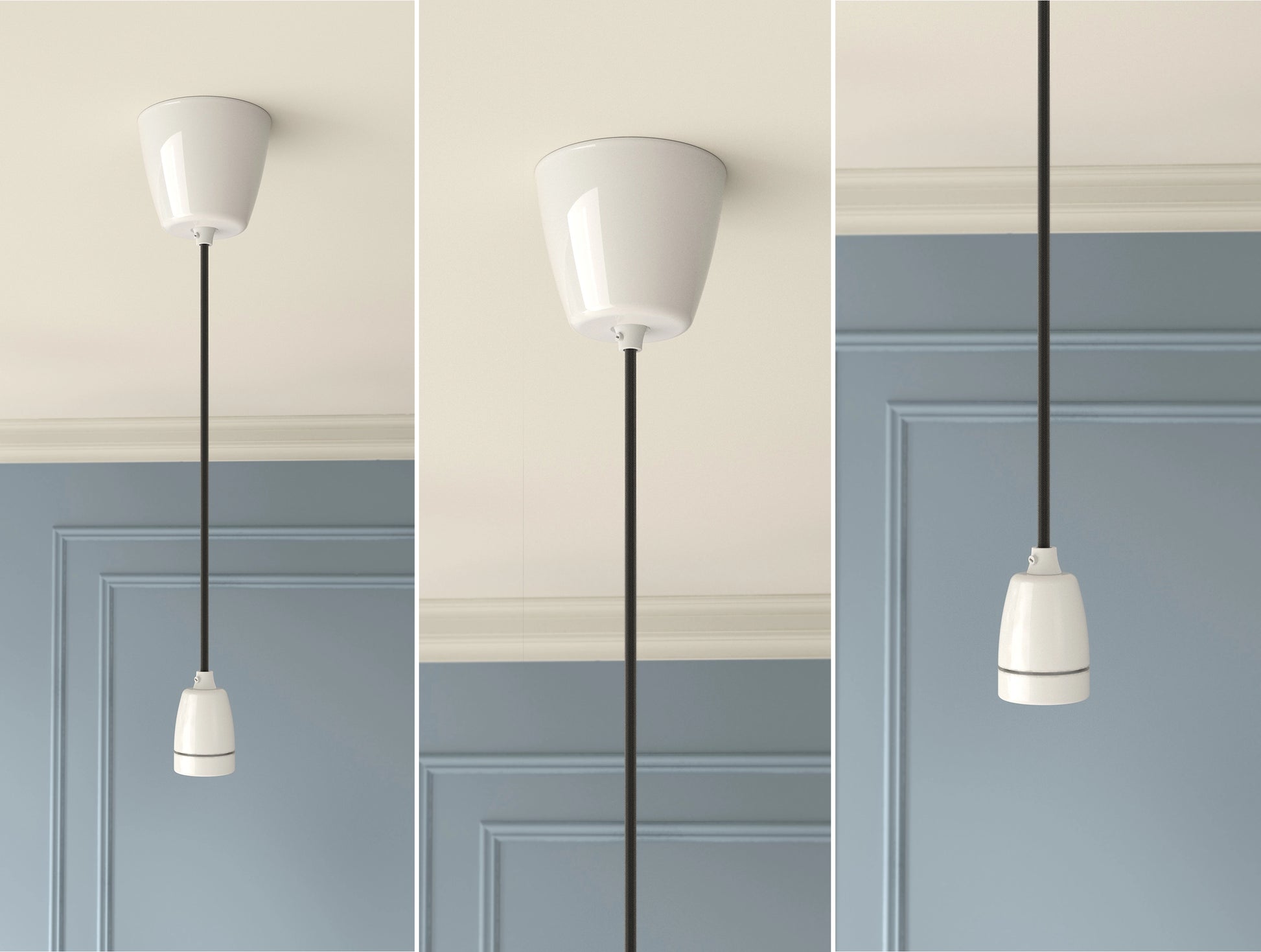 An E27 Porcelain Coolicon pendant set with a Vitreous Enamel ceiling cup hanging from a ceiling in front of a Georgian-style wall