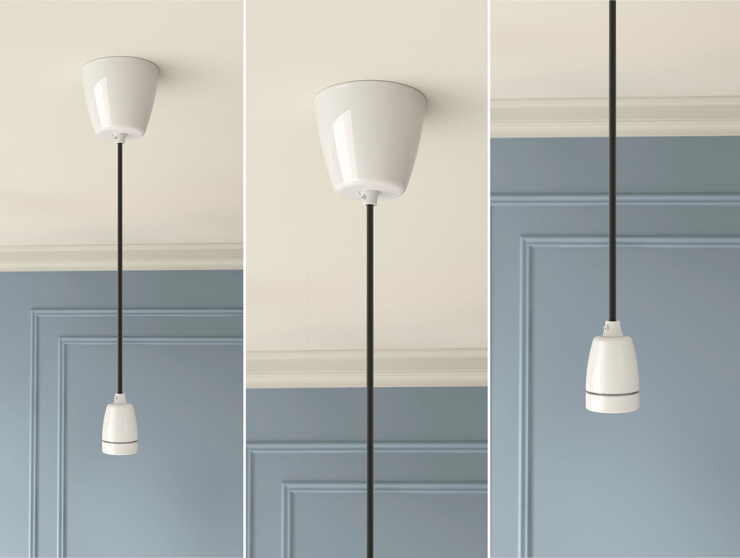 An E27 Porcelain Coolicon pendant set with a Vitreous Enamel ceiling cup hanging from a ceiling in front of a Georgian-style wall