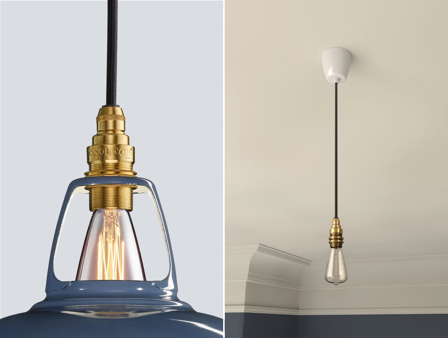 Close up of an E14 Signature Brass suspension set on a Selvedge lampshade on the left. On the right, an E14 Brass pendant set with a lightbulb is hanging from the ceiling