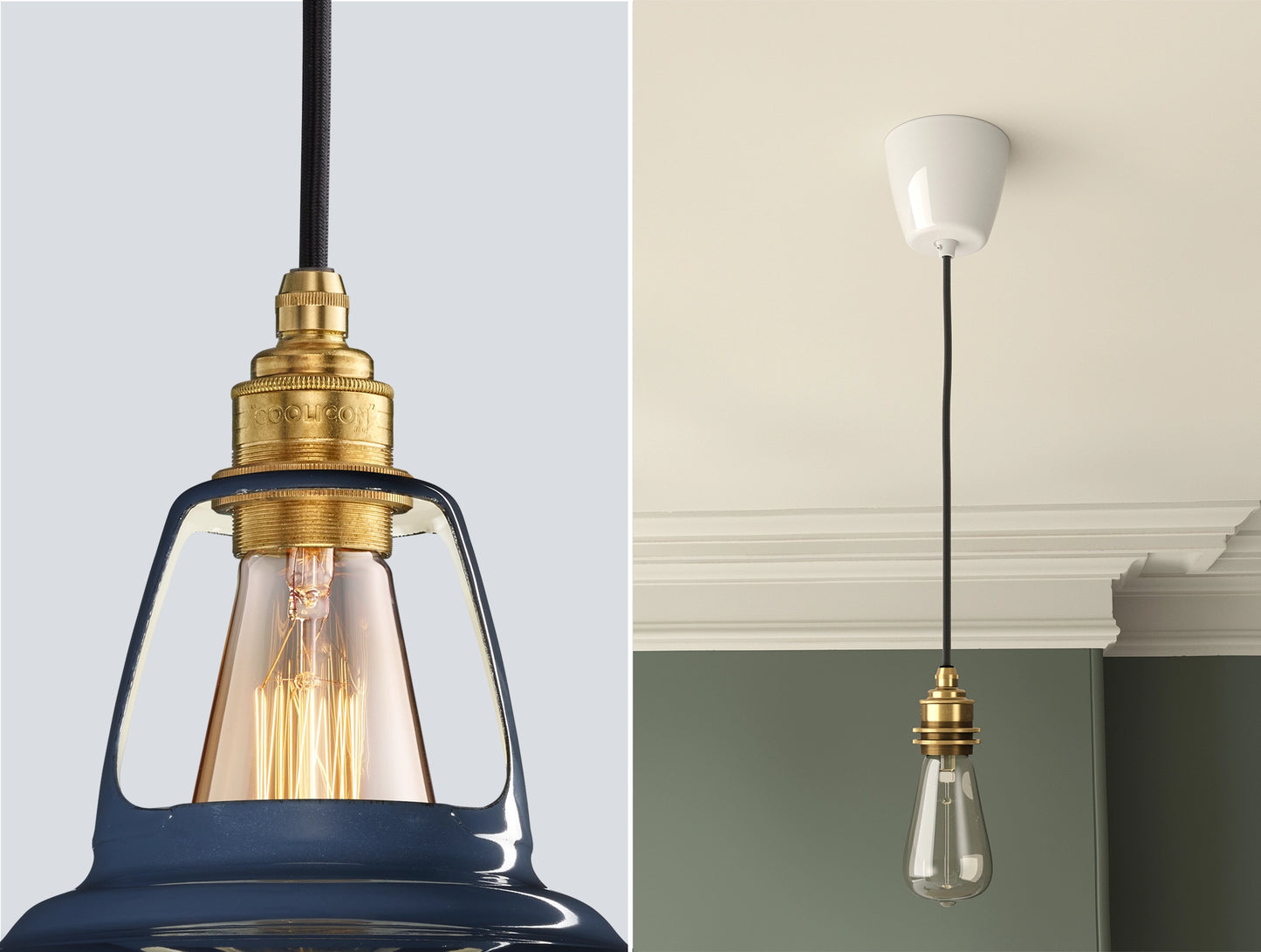 Close up of an E27 Signature Brass suspension set on a Selvedge lampshade on the left. On the right, an E27 Brass pendant set with a lightbulb is hanging from the ceiling