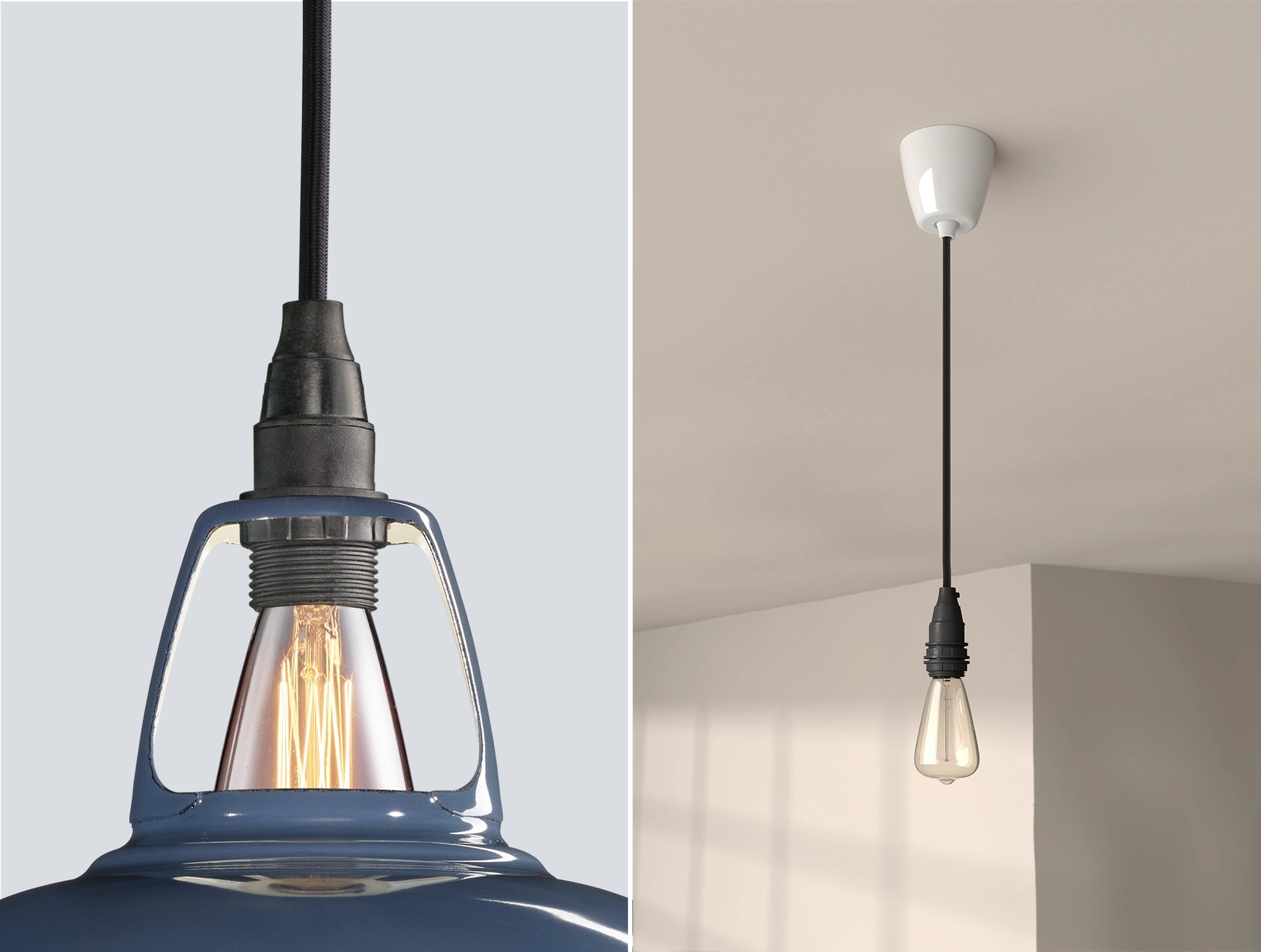Close up of an E14 Industrial suspension set on a Selvedge lampshade on the left. On the right, an E14 Industrial pendant set with a lightbulb is hanging from the ceiling