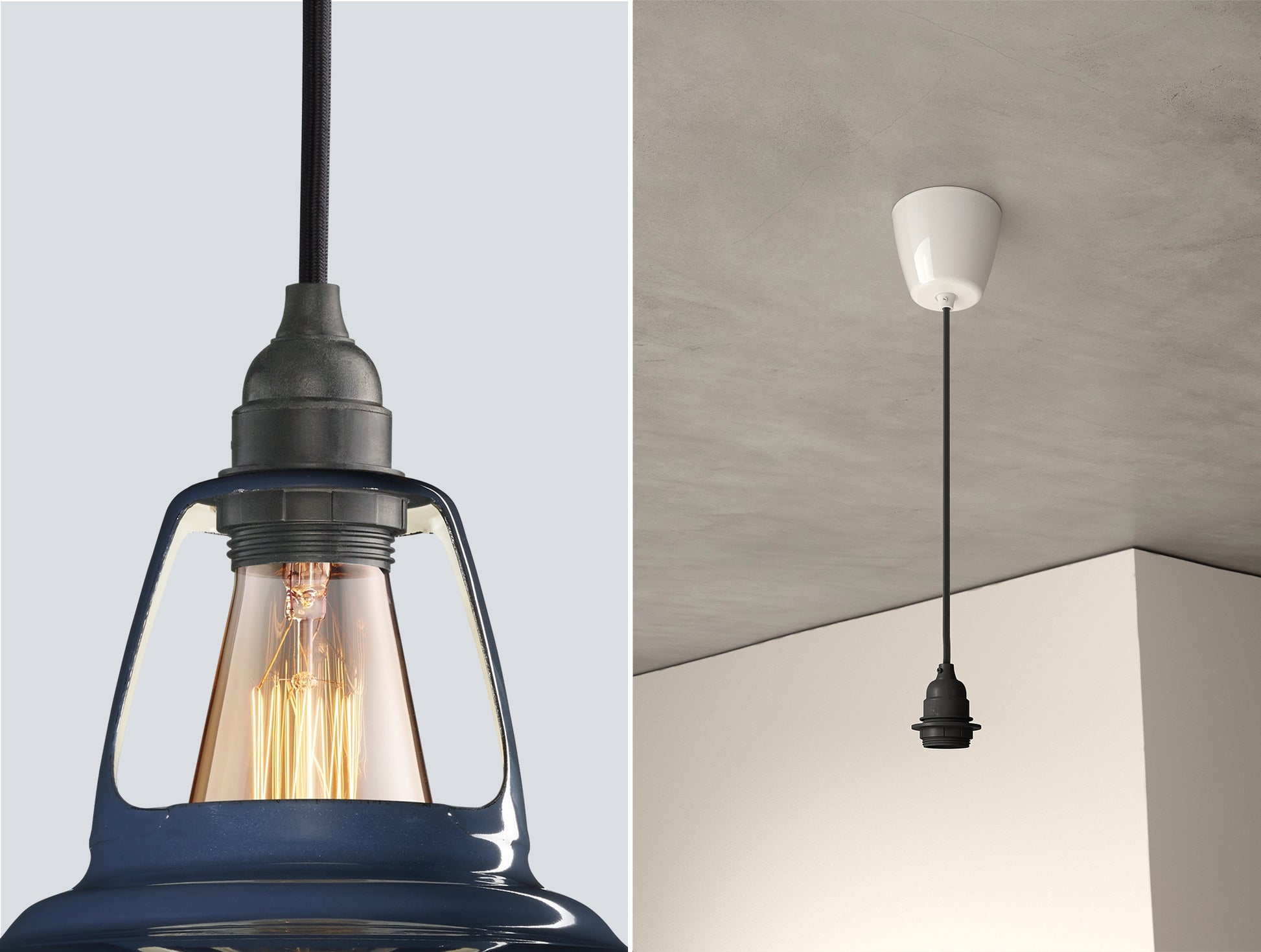 Close up of an E27 Industrial suspension set on a Selvedge lampshade on the left. On the right, an E27 Industrial pendant set is hanging from the ceiling