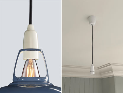 Close up of an E14 Porcelain suspension set on a Selvedge lampshade on the left. On the right, an E14 Porcelain pendant set is hanging from the ceiling