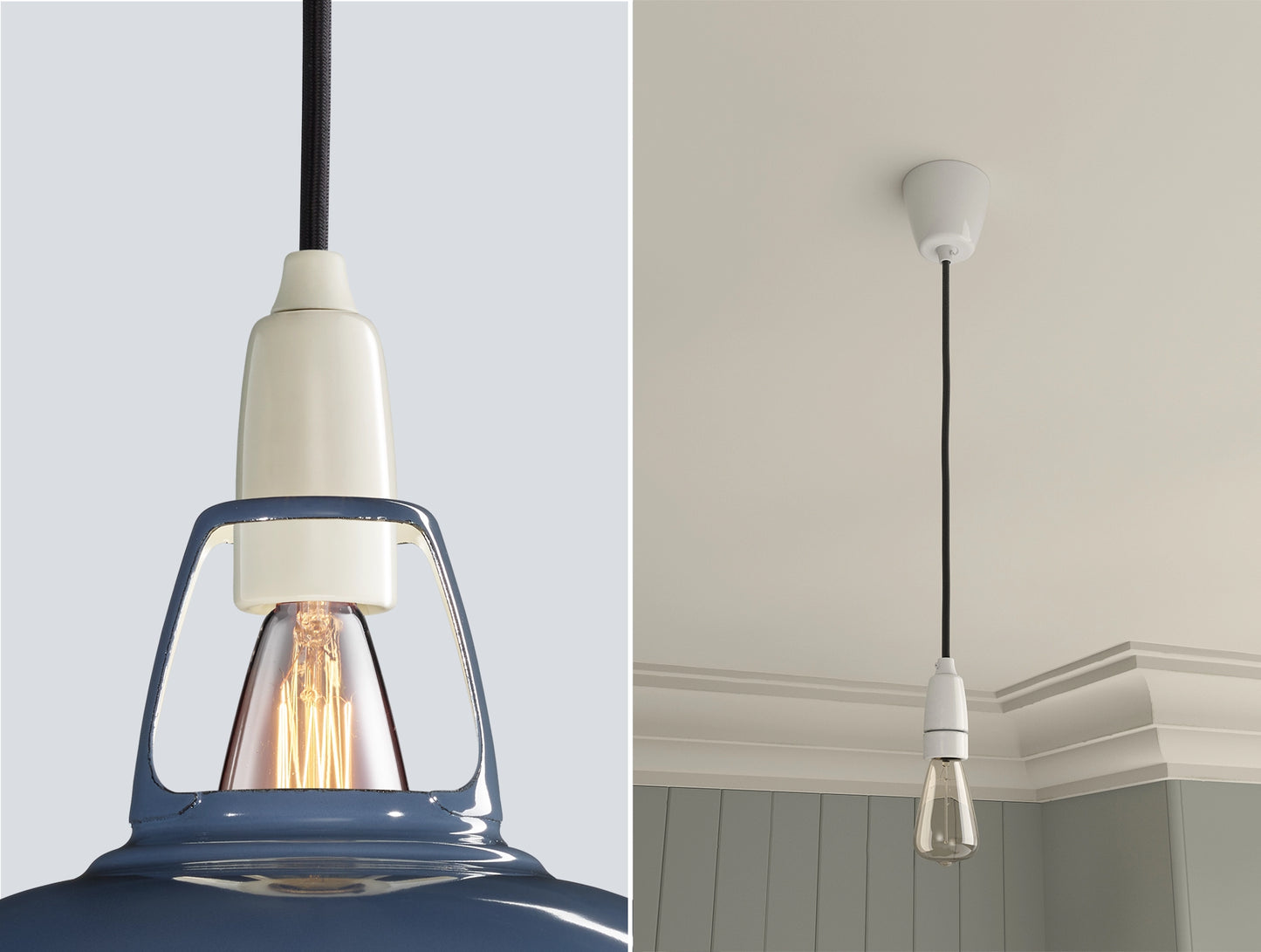 Close up of an E14 Porcelain suspension set on a Selvedge lampshade on the left. On the right, an E14 Porcelain pendant set with a lightbulb is hanging from the ceiling