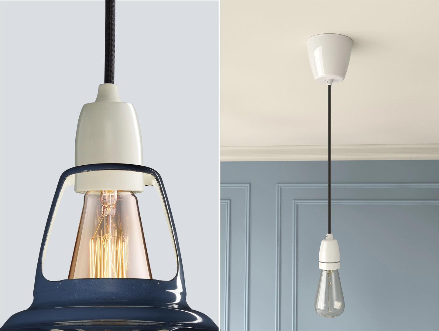 Close up of an E27 Porcelain suspension set on a Selvedge lampshade on the left. On the right, an E27 Porcelain pendant set with a lightbulb is hanging from the ceiling