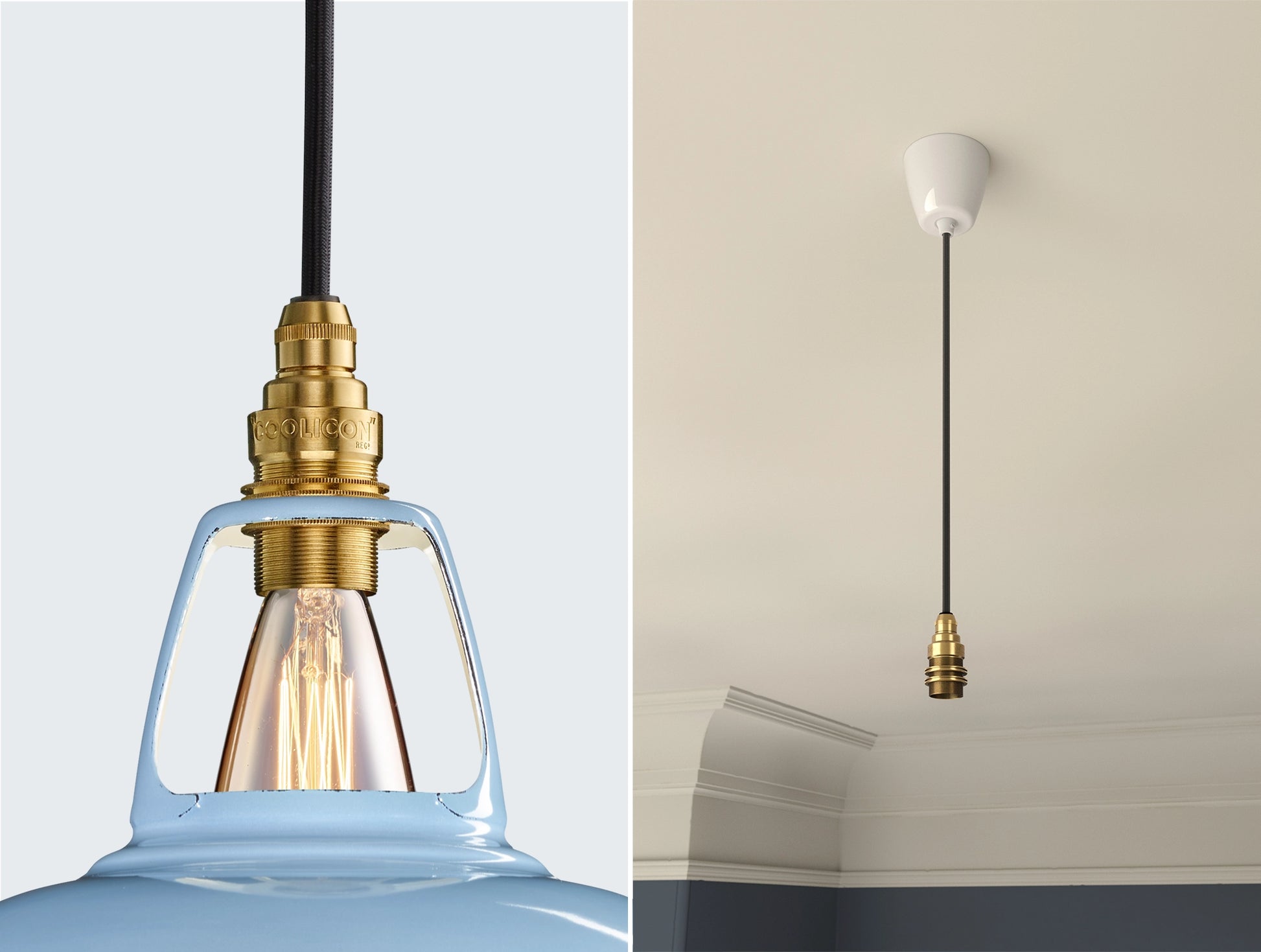 Close up of an E14 Signature Brass suspension set on a Sky Blue lampshade on the left. On the right, an E14 Brass pendant set is hanging from the ceiling