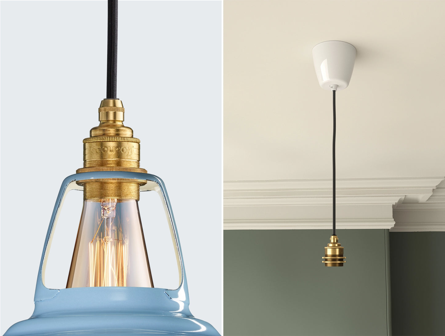 Close up of an E27 Signature Brass suspension set on a Sky Blue lampshade on the left. On the right, an E27 Brass pendant set is hanging from the ceiling