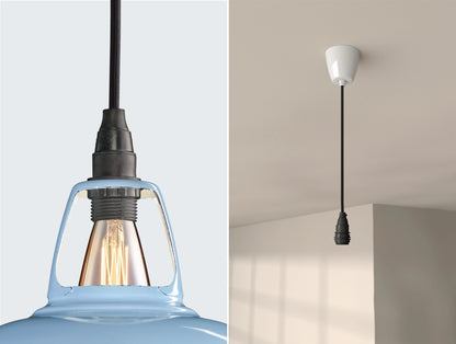 Close up of an E14 Industrial suspension set on a Sky Blue lampshade on the left. On the right, an E14 Industrial pendant set is hanging from the ceiling