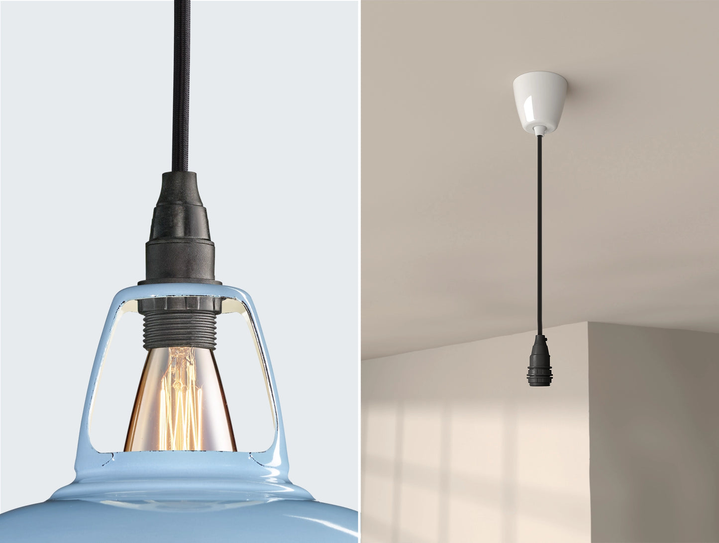 Close up of an E14 Industrial suspension set on a Sky Blue lampshade on the left. On the right, an E14 Industrial pendant set is hanging from the ceiling