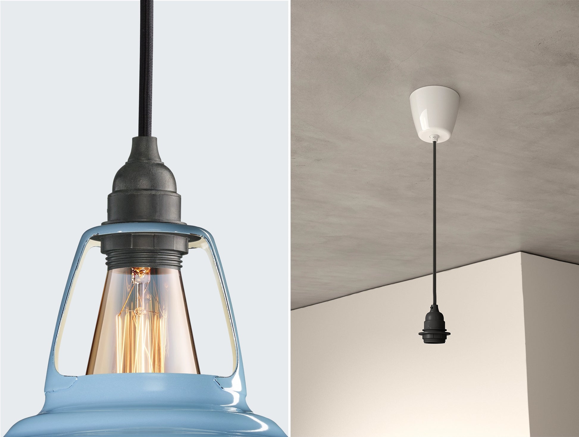 Close up of an E27 Industrial suspension set on a Sky Blue lampshade on the left. On the right, an E27 Industrial pendant set is hanging from the ceiling