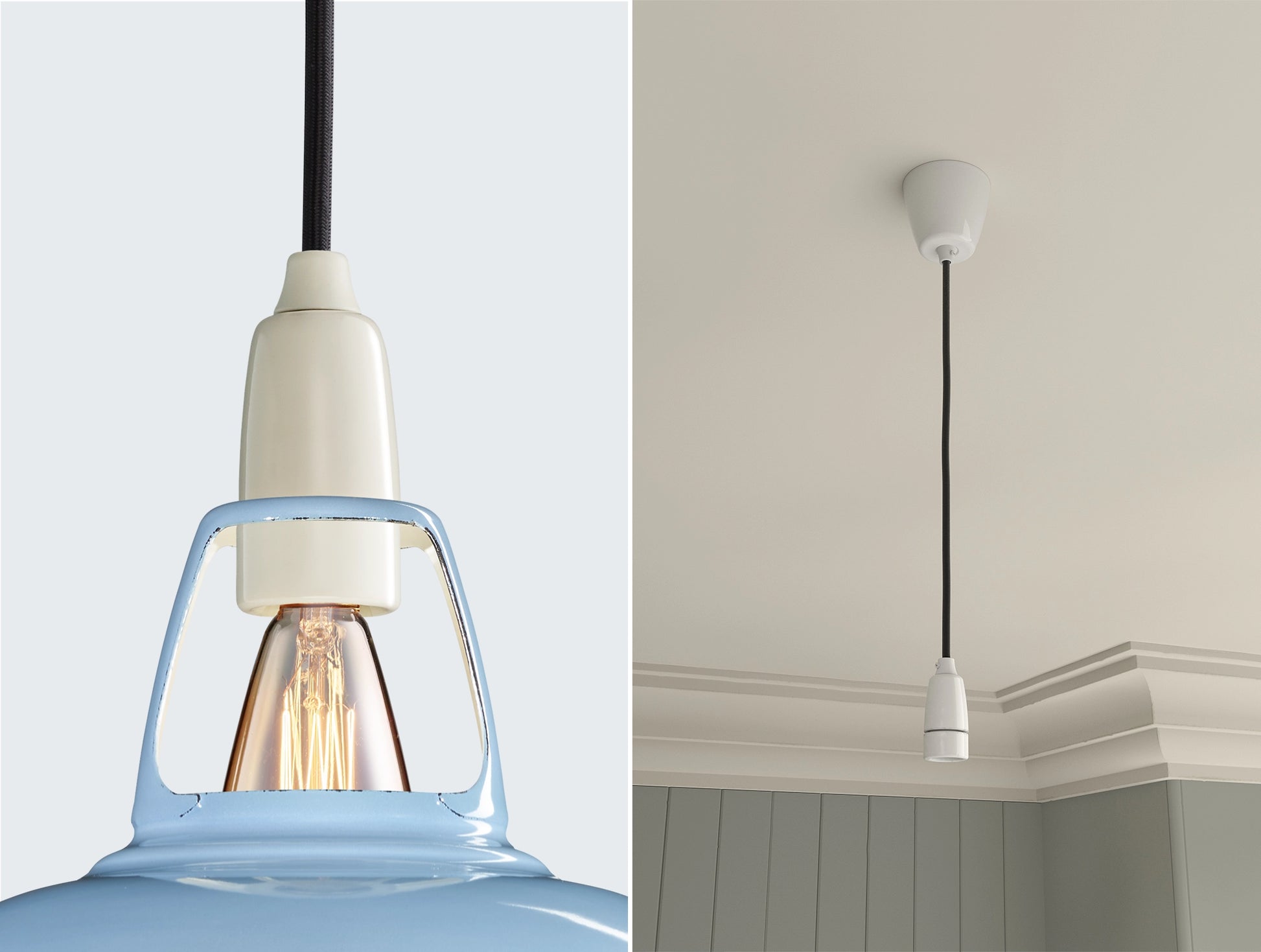 Close up of an E14 Signature Brass suspension set on a Sky Blue lampshade on the left. On the right, an E14 Brass pendant set is hanging from the ceiling