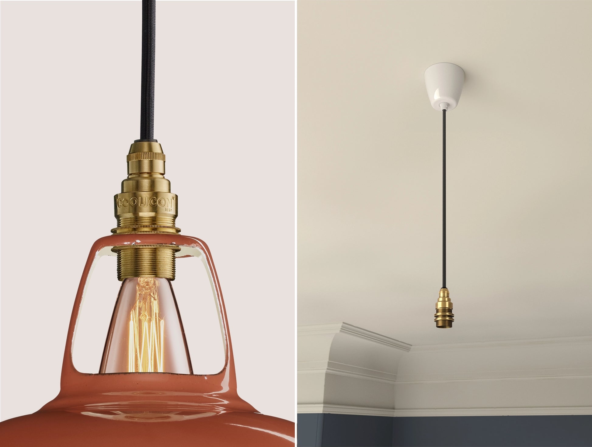 Close up of an E14 Signature Brass suspension set on a Terracotta lampshade on the left. On the right, an E14 Brass pendant set is hanging from the ceiling