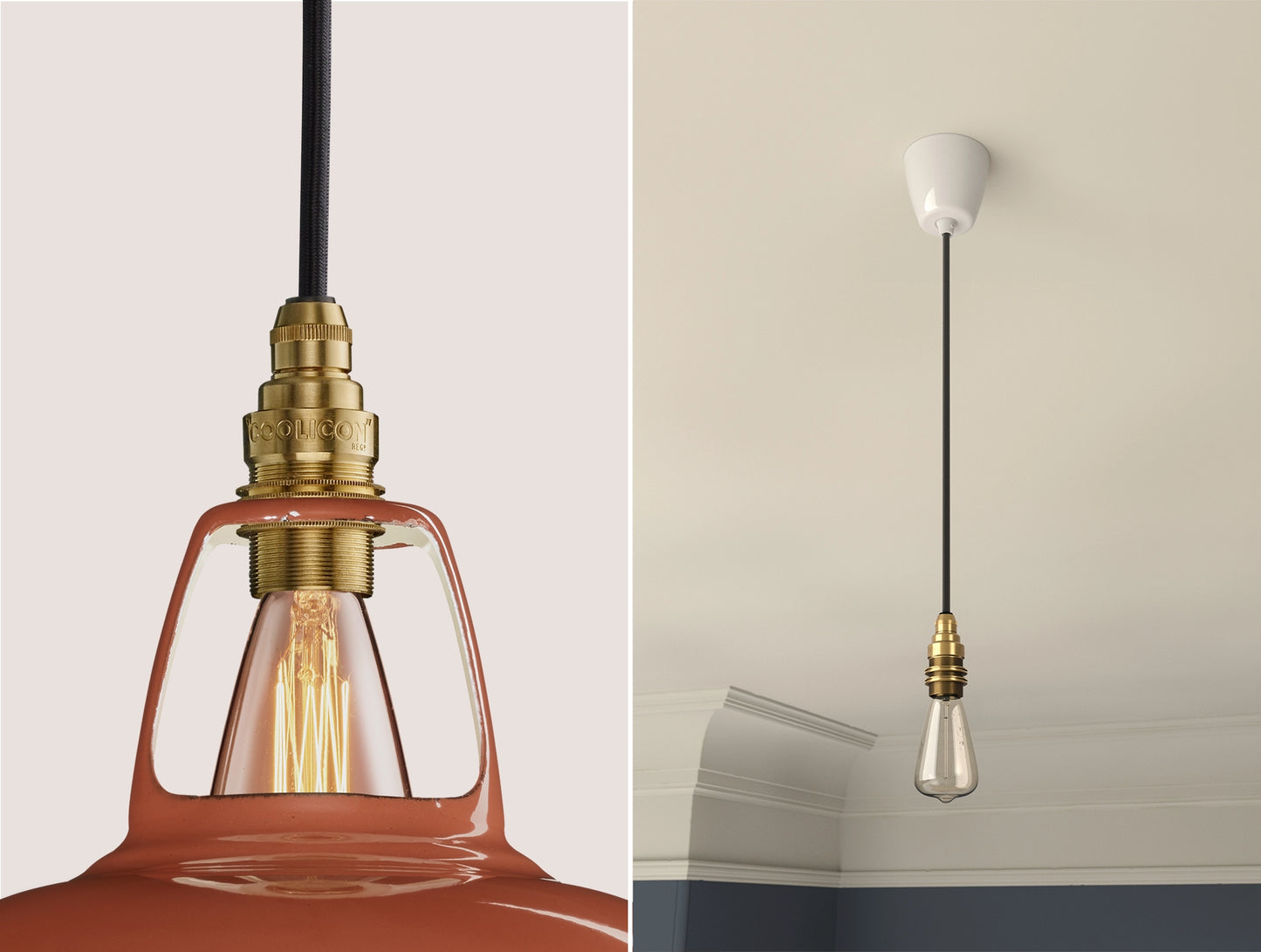 Close up of an E14 Signature Brass suspension set on a Terracotta lampshade on the left. On the right, an E14 Brass pendant set with a lightbulb is hanging from the ceiling