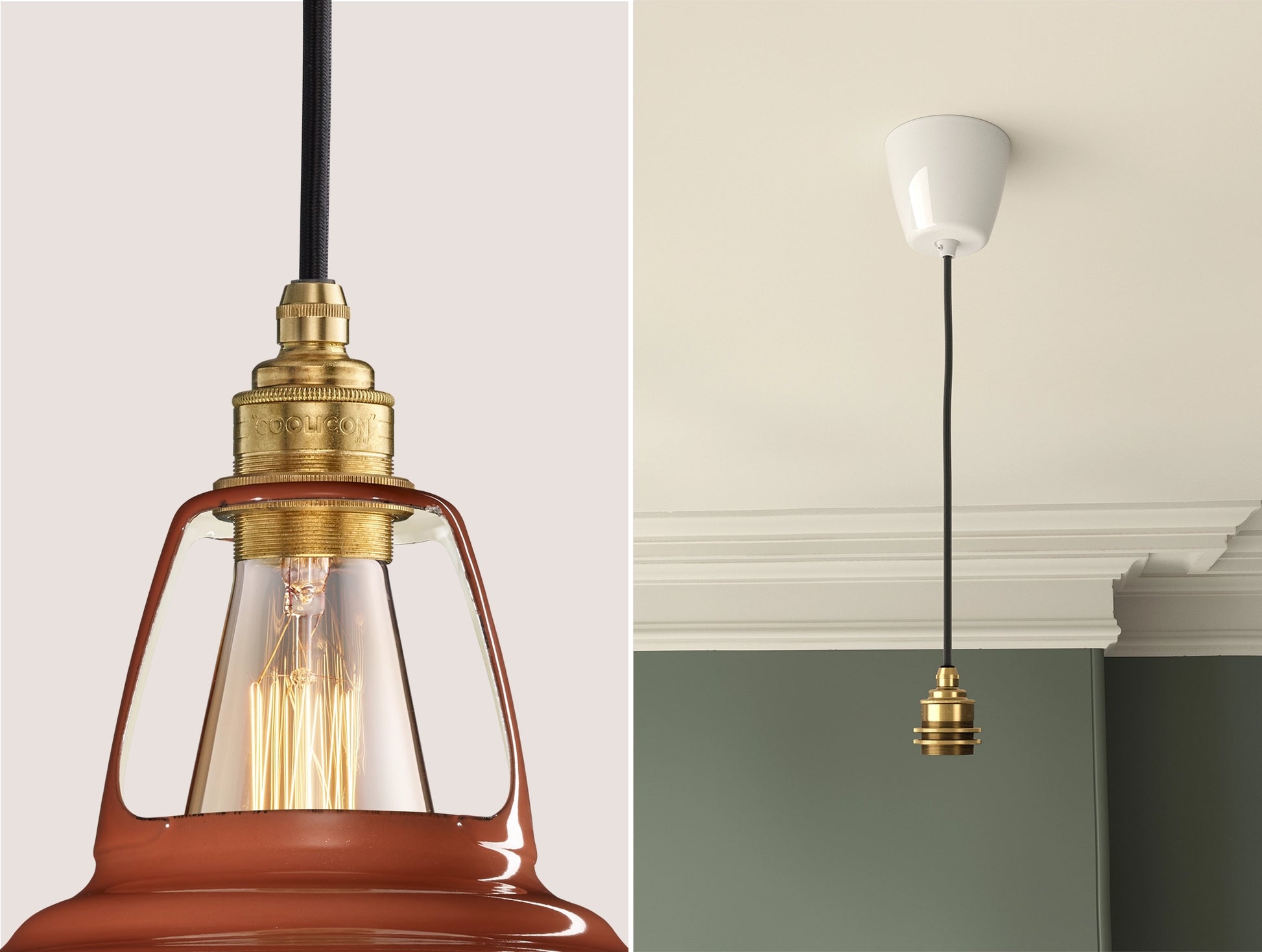 Close up of an E27 Signature Brass suspension set on a Terracotta lampshade on the left. On the right, an E27 Brass pendant set is hanging from the ceiling