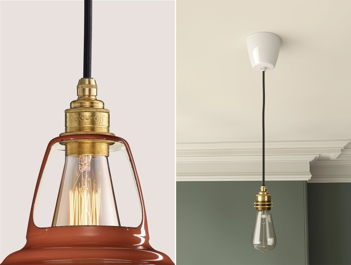 Close up of an E27 Signature Brass suspension set on a Terracotta lampshade on the left. On the right, an E27 Brass pendant set with a lightbulb is hanging from the ceiling