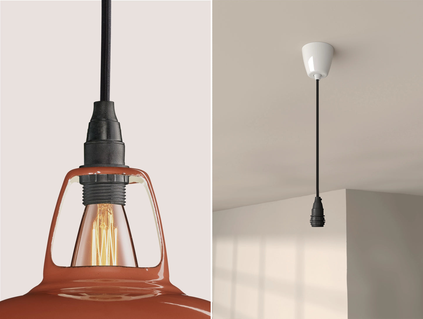 Close up of an E14 Industrial suspension set on a Terracotta lampshade on the left. On the right, an E14 Industrial pendant set is hanging from the ceiling