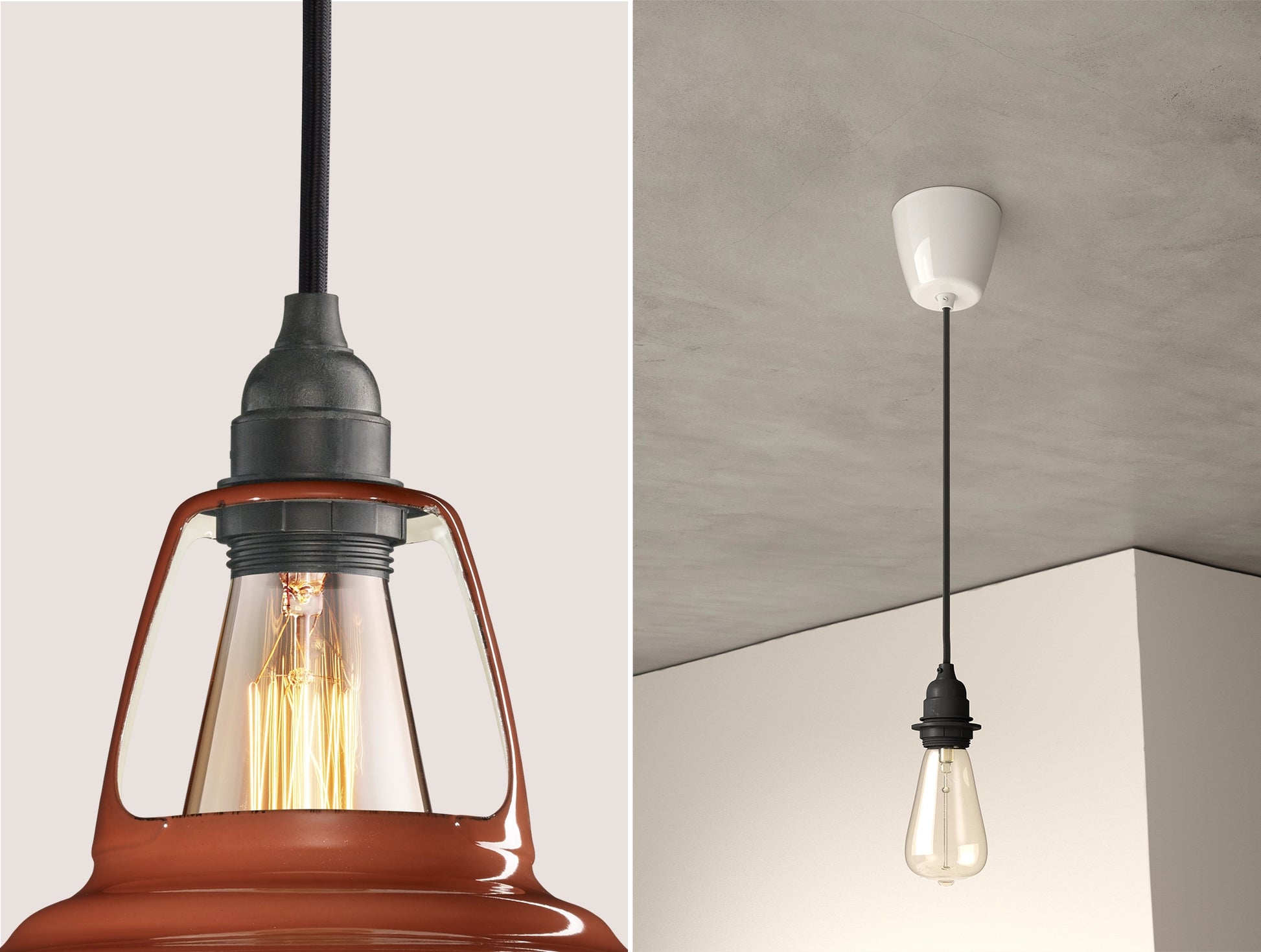 Close up of an E27 Industrial suspension set on a Terracotta lampshade on the left. On the right, an E27 Industrial pendant set with a lightbulb is hanging from the ceiling