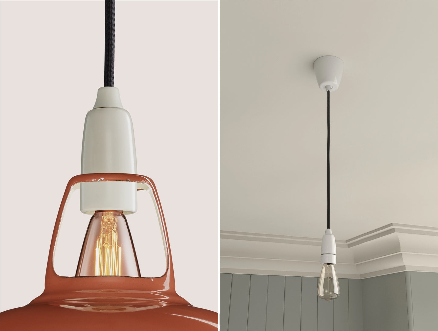 Close up of an E14 Porcelain suspension set on a Terracotta lampshade on the left. On the right, an E14 Porcelain pendant set with a lightbulb is hanging from the ceiling