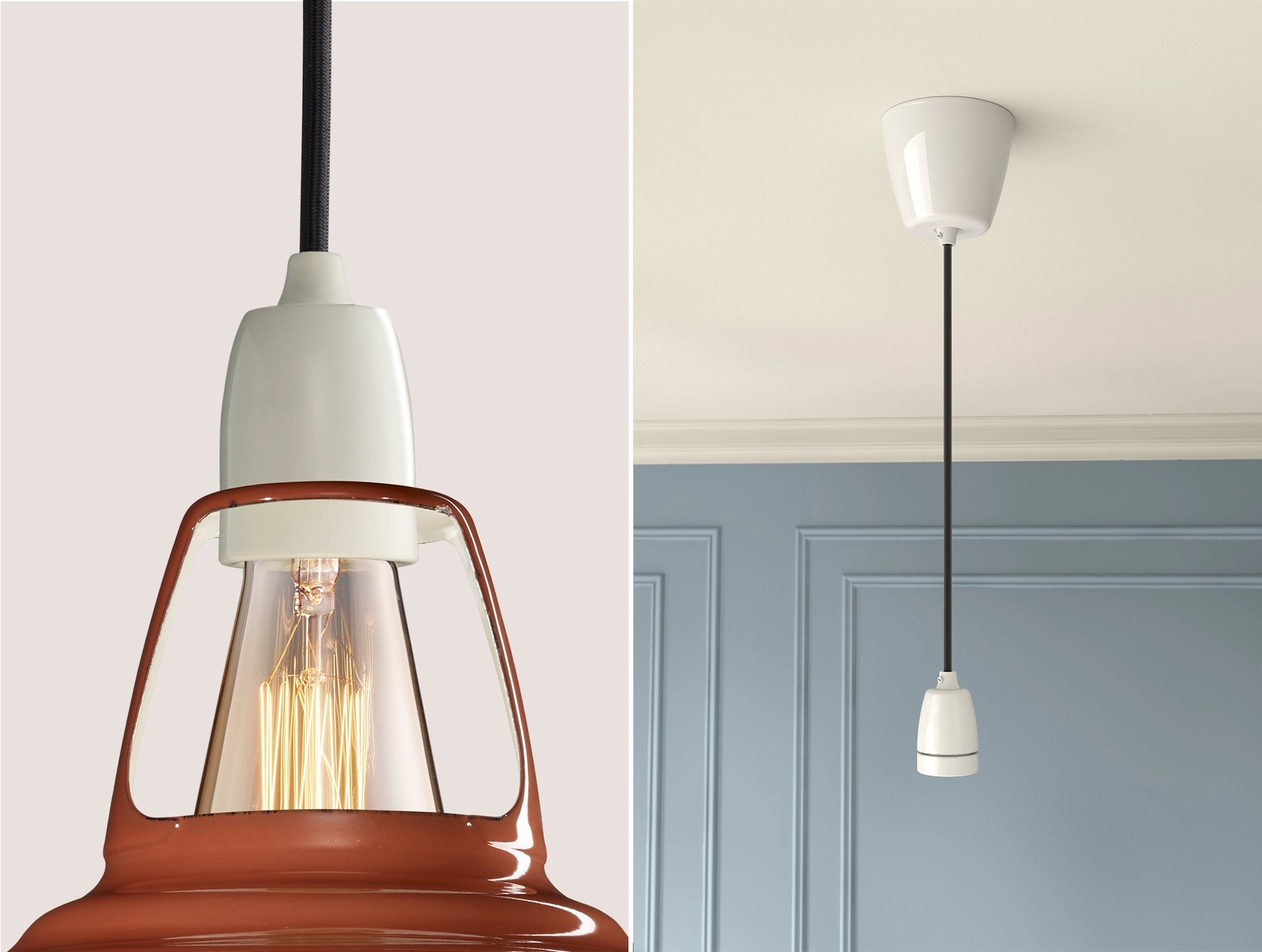 Close up of an E27 Porcelain suspension set on a Terracotta lampshade on the left. On the right, an E27 Porcelain pendant set is hanging from the ceiling