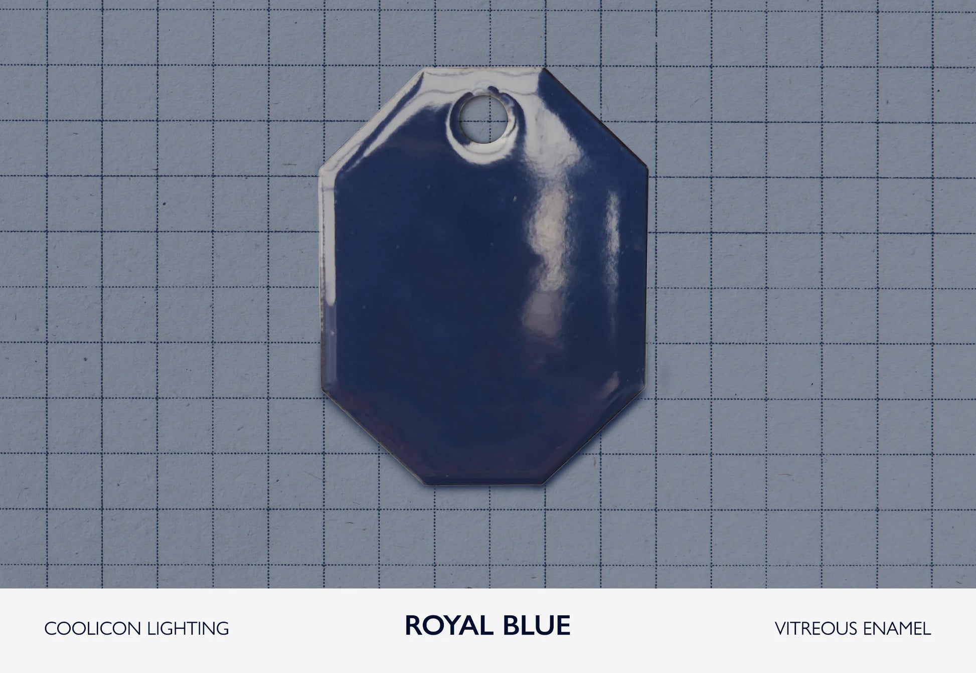 A vitreous enamel colour sample of the colour Royal Blue from Coolicon Lighting