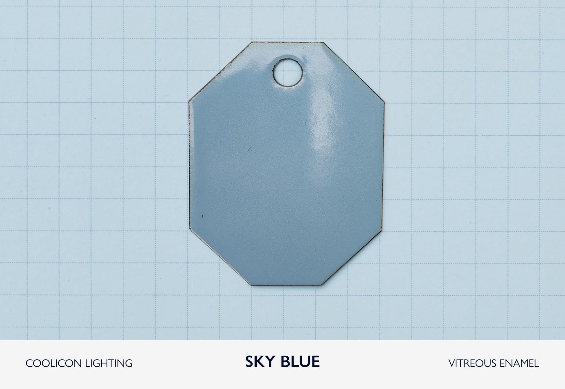 A vitreous enamel colour sample of the colour Sky Blue from Coolicon Lighting