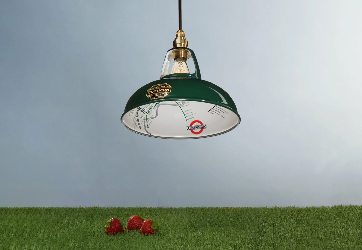 A District Line Green shade above a patch of grass and fresh strawberries