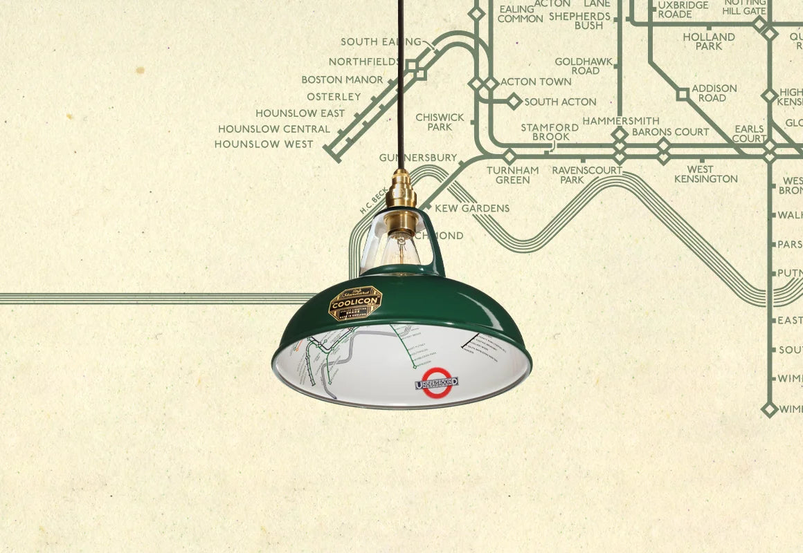 An Original District Line Green shade over a paper texture with the London Underground map