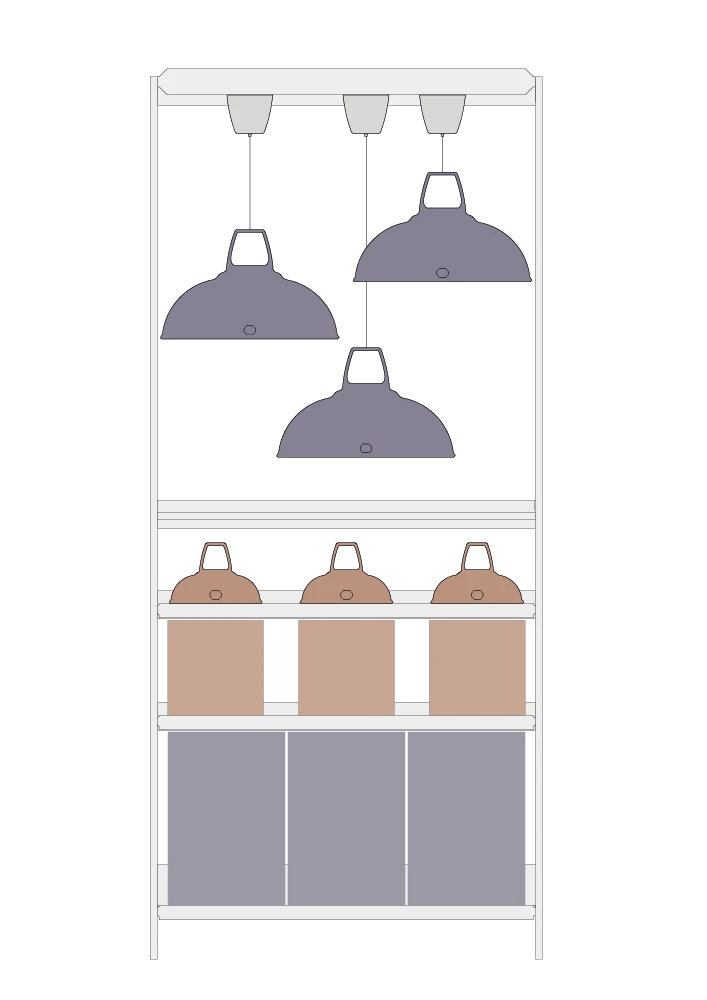 A vector diagram of the Coolicon Lighting Showcase Point of Sale Display stand with 3 large lampshades suspended from the top shelf. There are three more original lampshades on the middle shelf and 5 product boxes on the bottom two shelves.