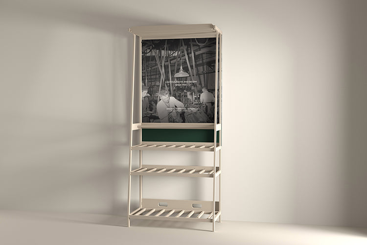 A Coolicon Point of sale Display stand made from plywood assembled in a blank room. Attatched to the Point of Sale Display stand is a dedicated banner beam for a Brand Banner.