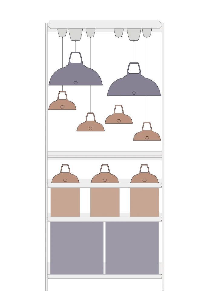A vector diagram of the Coolicon Lighting Showcase Point of Sale Display stand with 2 large lampshades and 4 original Lampshade suspended from the top shelf. There are three more original lampshades on the middle shelf and 5 product boxes on the bottom two shelves.