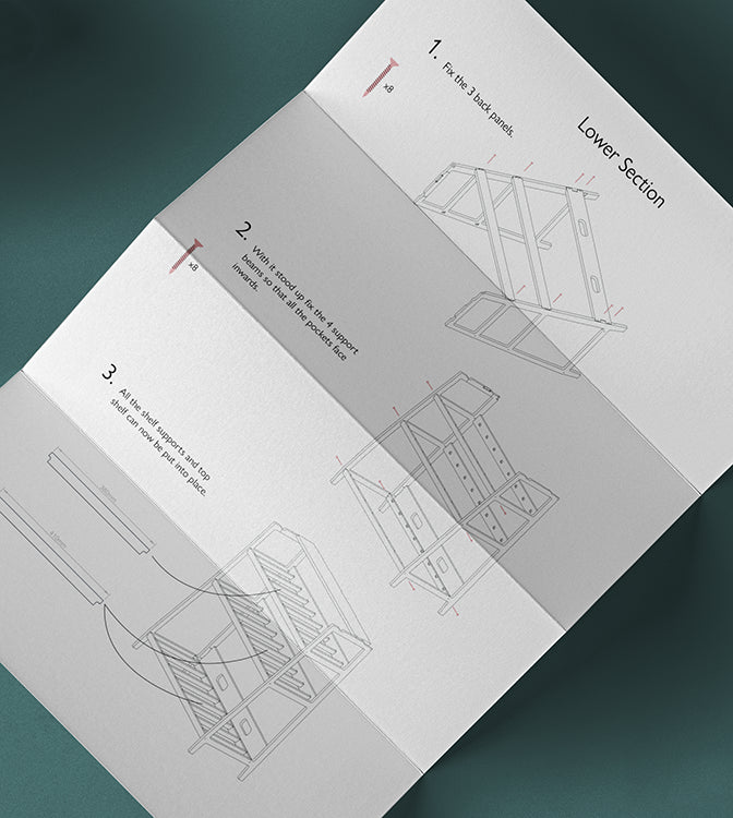 Product instructions with diagrams for the assembly of the lower section of a Coolicon Lighting Point of Sale Lighting Display stand. The instructions are on a folded, white A4 piece of paper on a blank blue surface.
