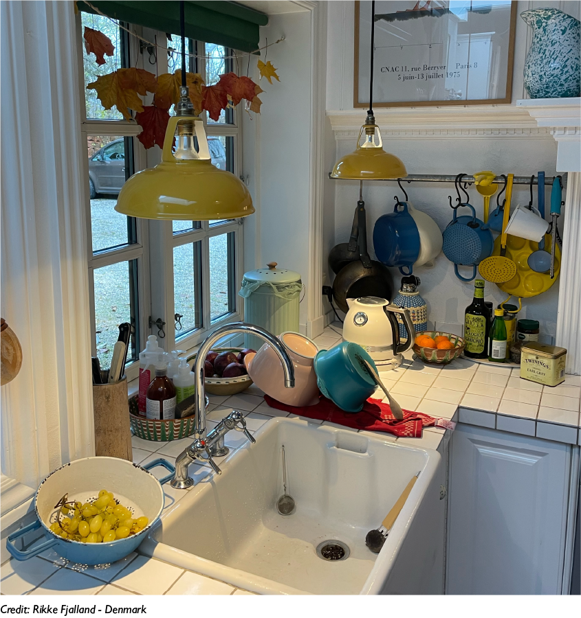 Two Deep Yellow lampshades hang over a kitchen sink and counter top