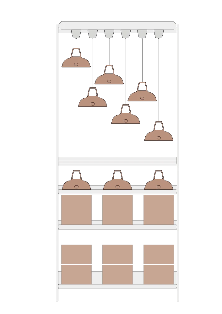 A vector diagram of the Coolicon Lighting Showcase Point of Sale Display stand with 6 original lampshades suspended from the top shelf. There are three more original lampshades on the middle shelf and 5 product boxes on the bottom two shelves.