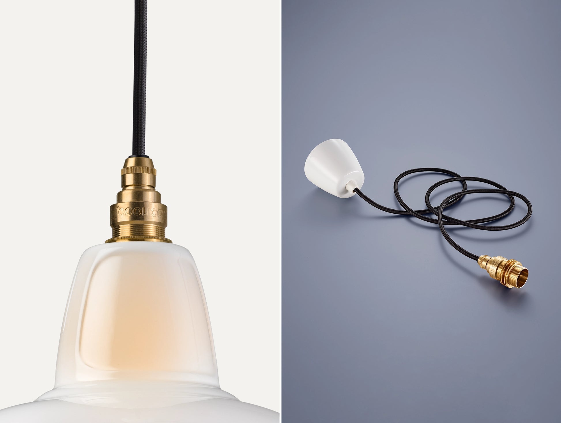 Close up of an E14 Signature Brass suspension set on a Bone China Silhouette lampshade on the left. On the right, an E14 Brass pendant set is coiled on a dark blue background